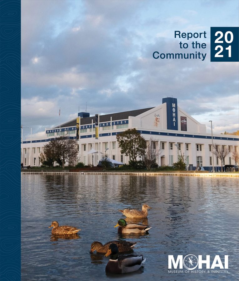 MOHAI Report to the Community Cover. Exterior of MOHAI with Ducks in the Foreground.